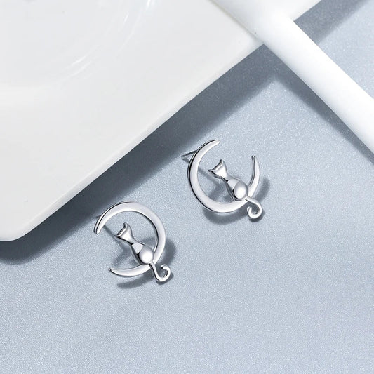 Moon & Cat Sterling Silver Stud Cat Earrings With Simplicity