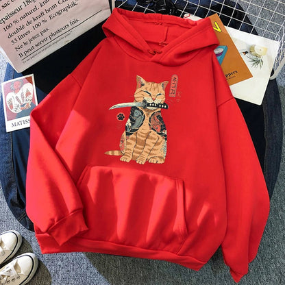 red color comic theme hoodie printed with a tatoo japanese yakuza cat with a knife