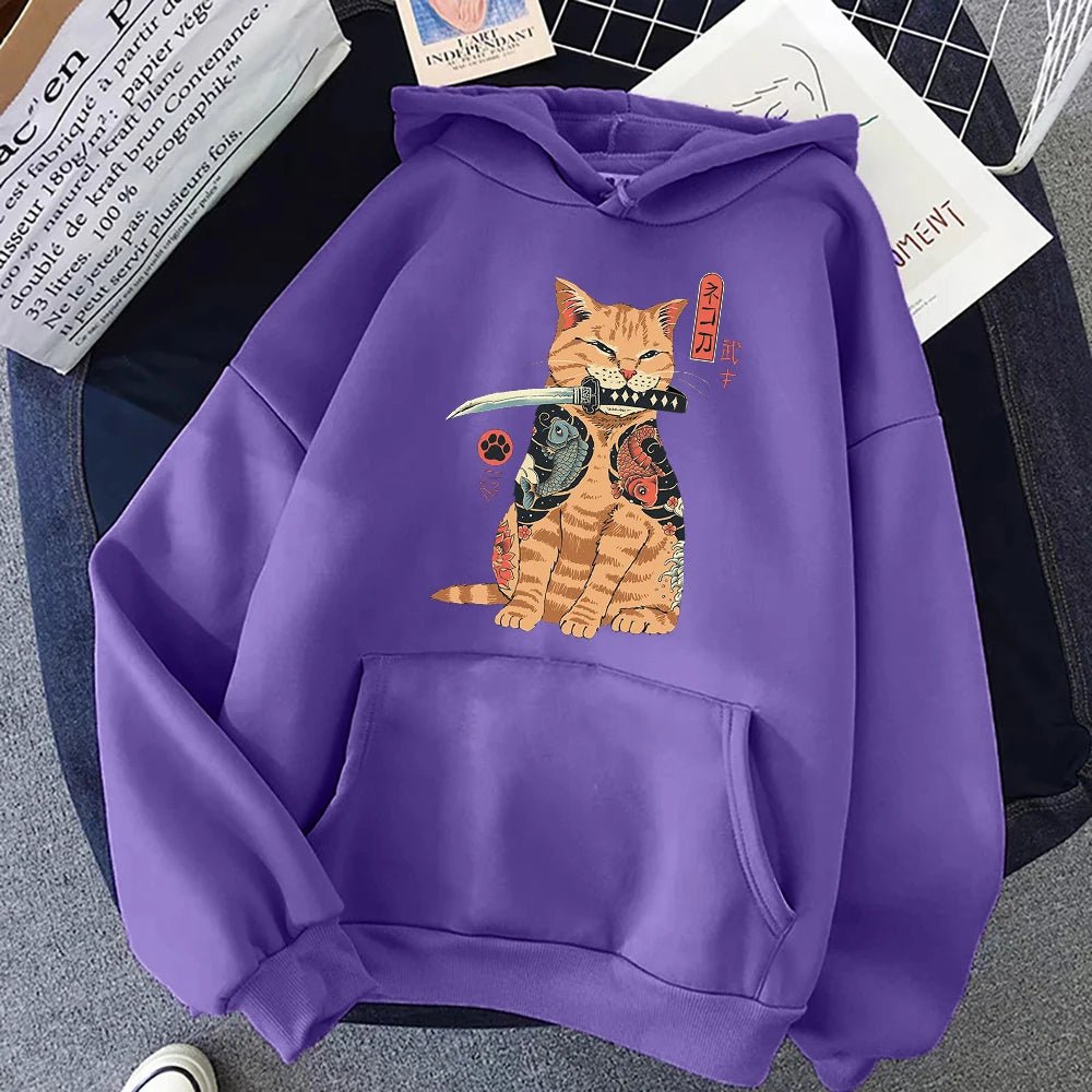purple color japanese comic theme cat hoodie for men and cat dad