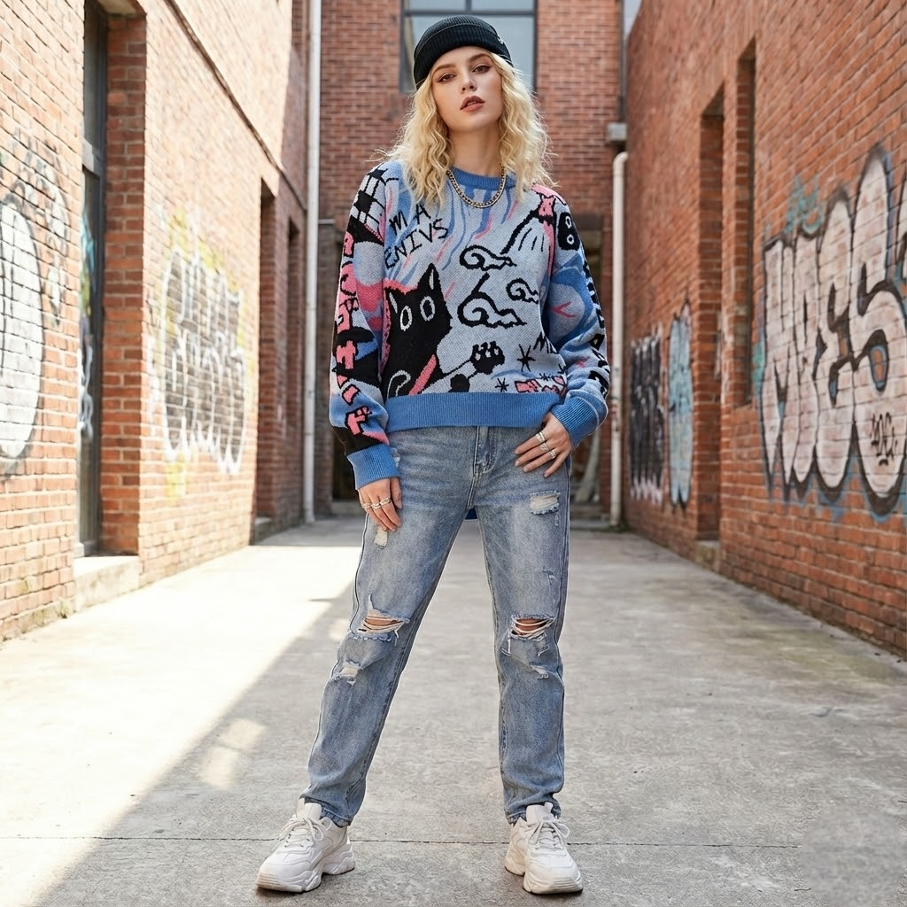 Japanese Streetwear style cat sweatshirt