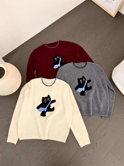 'Sneaky Black Cat' Fluffy Pullover Sweater