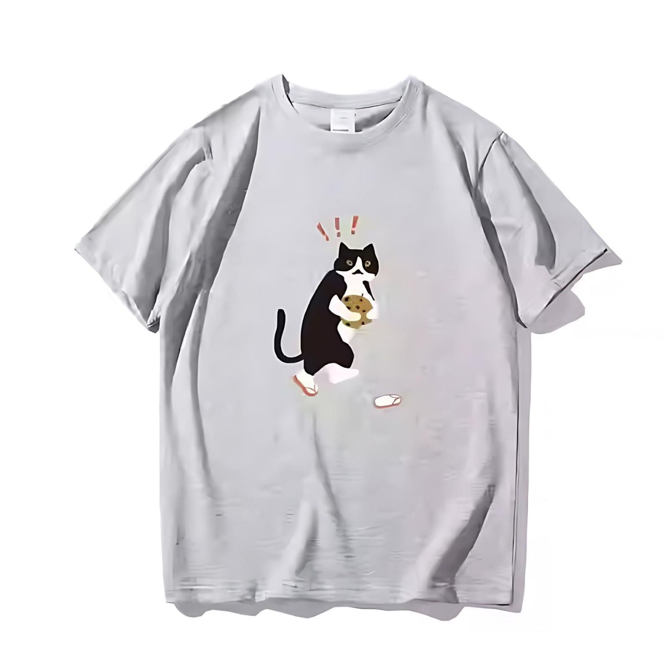 Gray t-shirt featuring a black and white cat caught in the act with a cookie