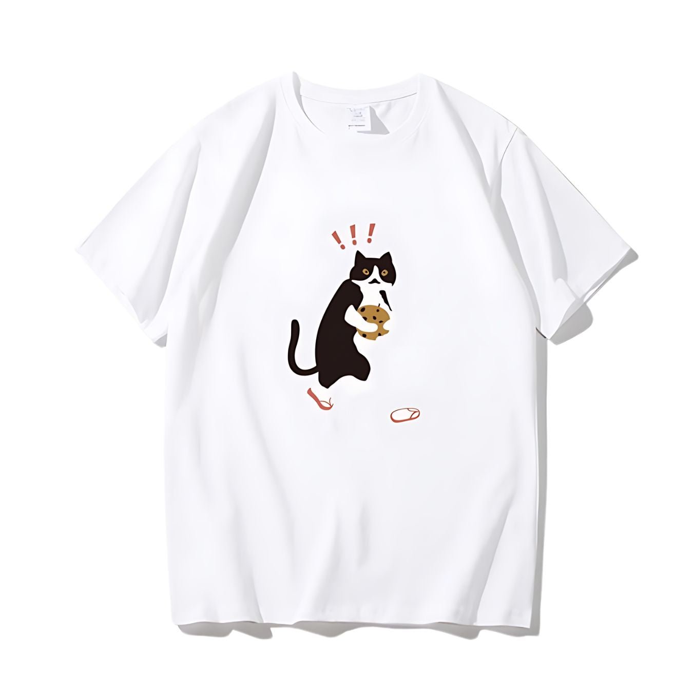 Funny black and white cartoon cat with cookie printed on a white cotton t-shirt