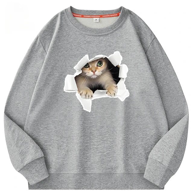 The Breaking Out Kitten - Big Cat Face Sweatshirt With Warm Velvet Interior