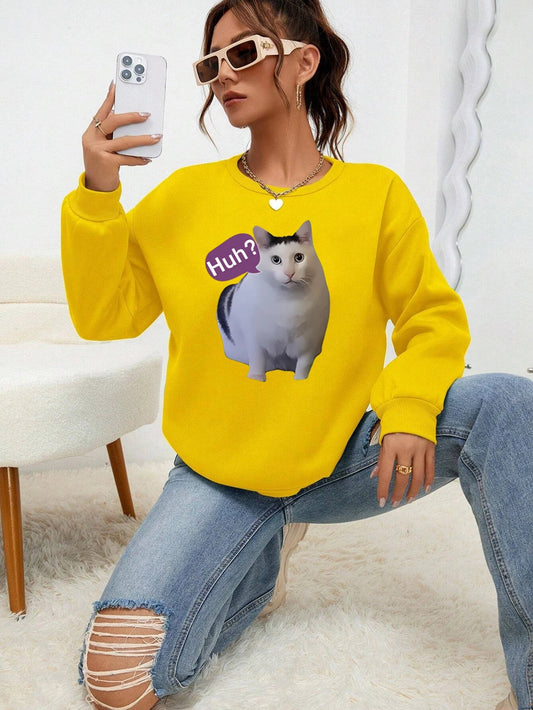 Model Wearing 'Huh Cat Meme' Sweatshirt in Yellow – Casual Look