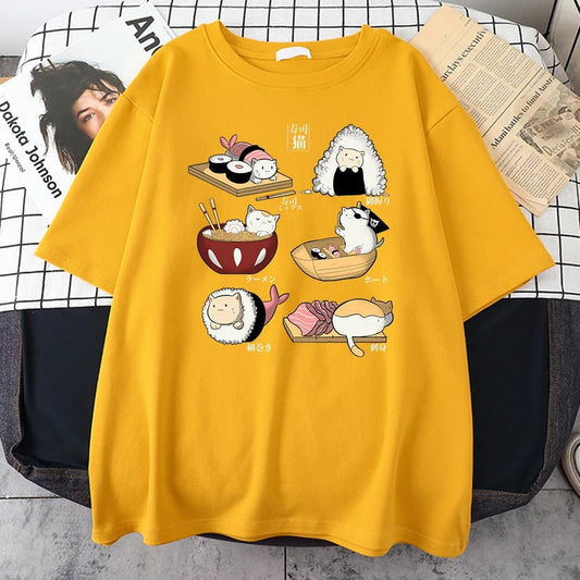 yellow color t-shirt showing six adorable cartoon cats wrapped like a sushi and sashimi that looks funny