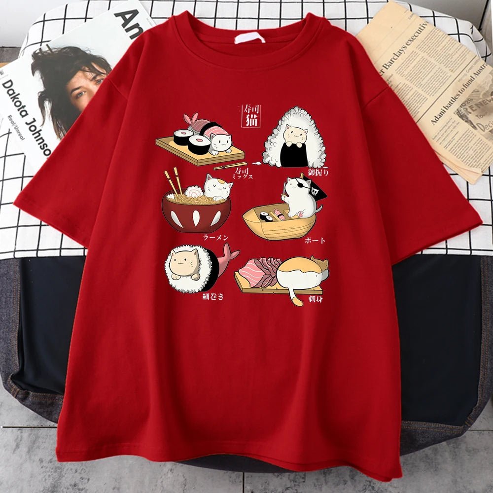 red cat themed t-shirt showing cartoon cats in different japanese cuisine shape