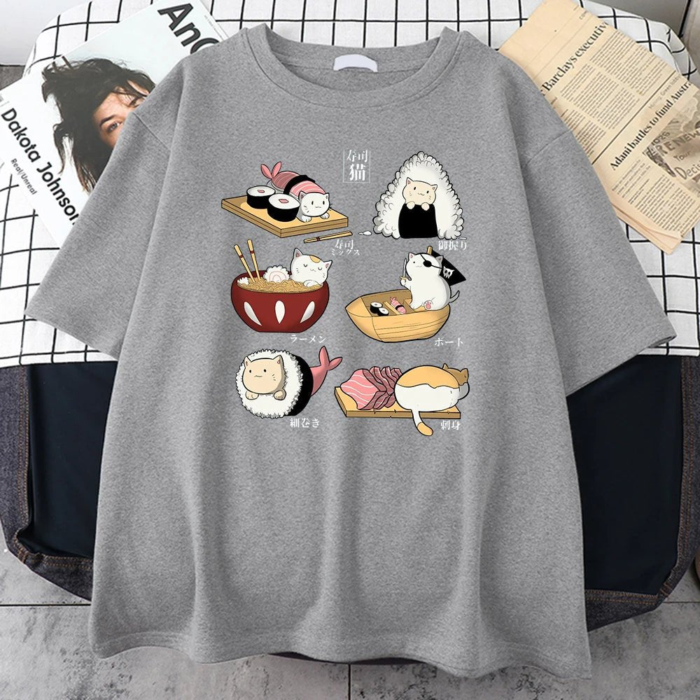sushi themed cartoon cat t-shirt in light gray color