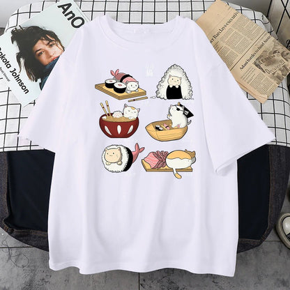 white color funny t-shirt with cartoon cat plus japanese comic theme