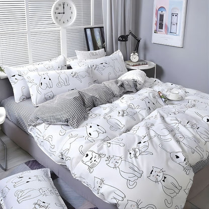 Bedroom with a bed featuring minimalist cat-themed bedding with many cat prints with bow tie