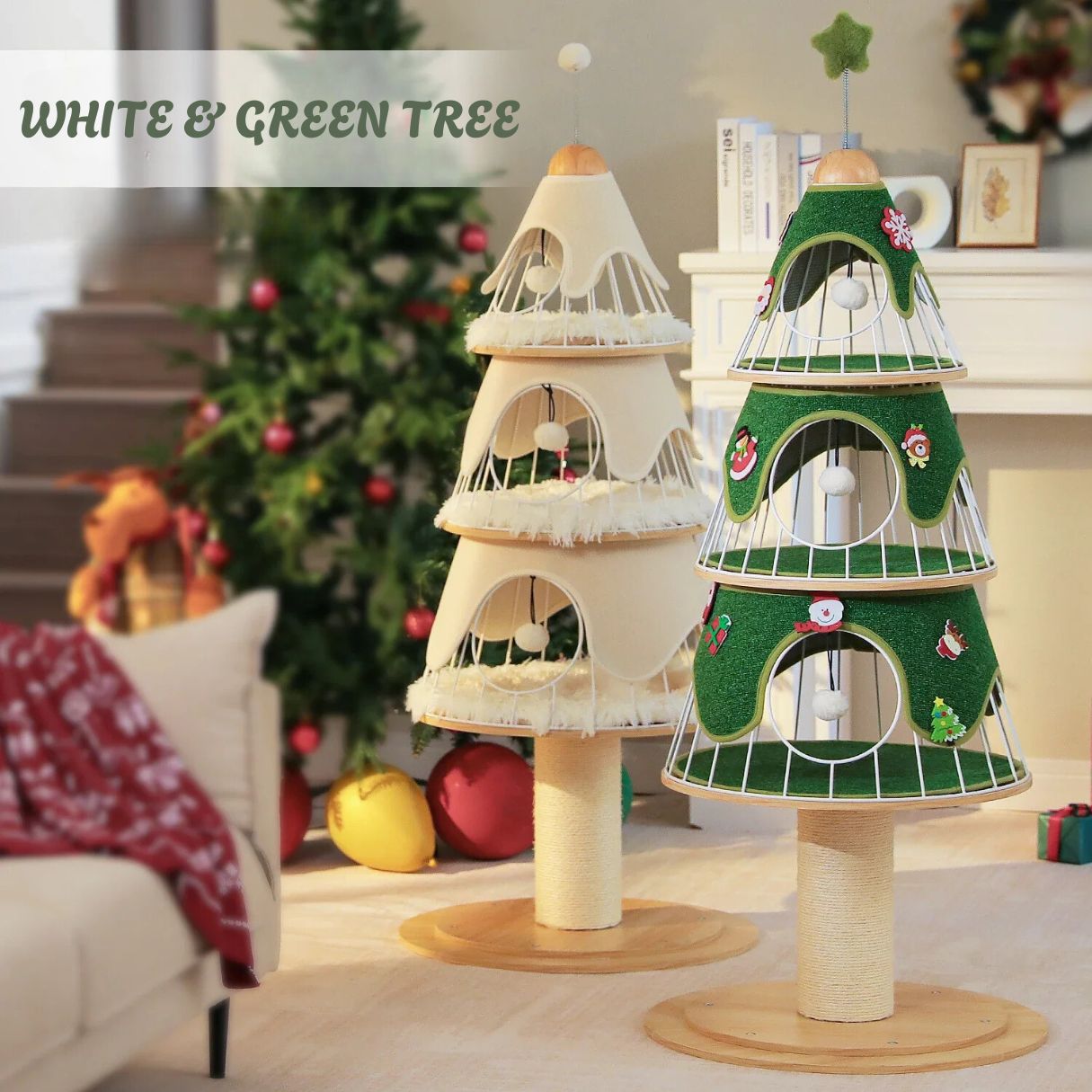 white and green christmas cat tree for holiday