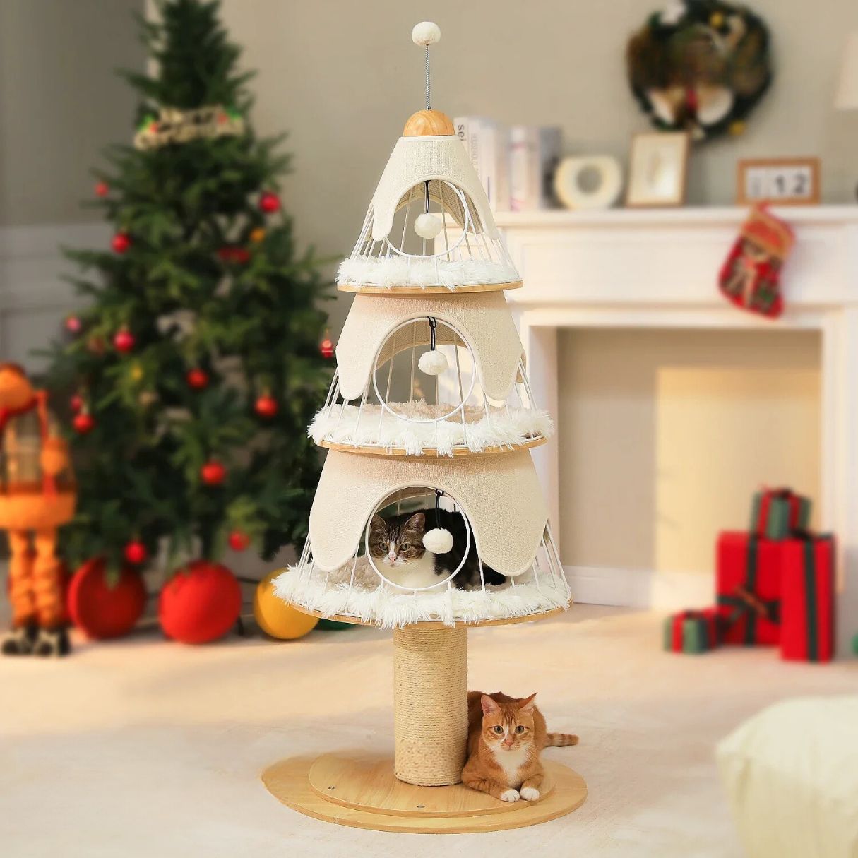 white christmas tree themed cat tree with 3 level condo