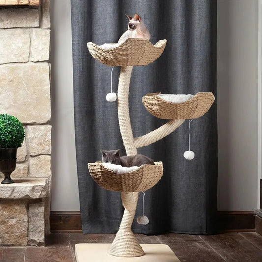 Three Tier Modern Cat Tree With Boho Style Basket & Sturdy Base