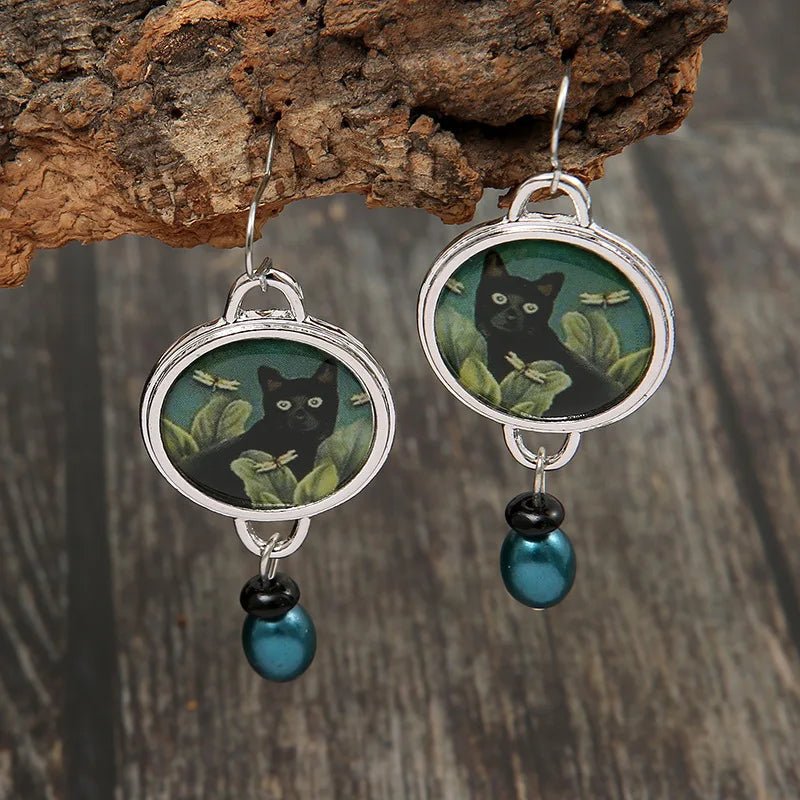 Vintage Tropical Black Cat Dangle Earrings