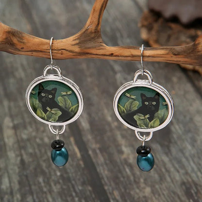 Vintage Tropical Black Cat Dangle Earrings