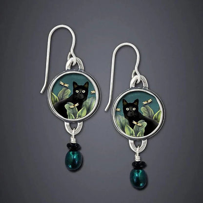 Vintage Tropical Black Cat Dangle Earrings