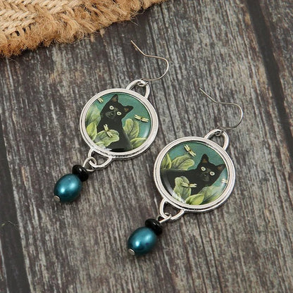 Vintage Tropical Black Cat Dangle Earrings