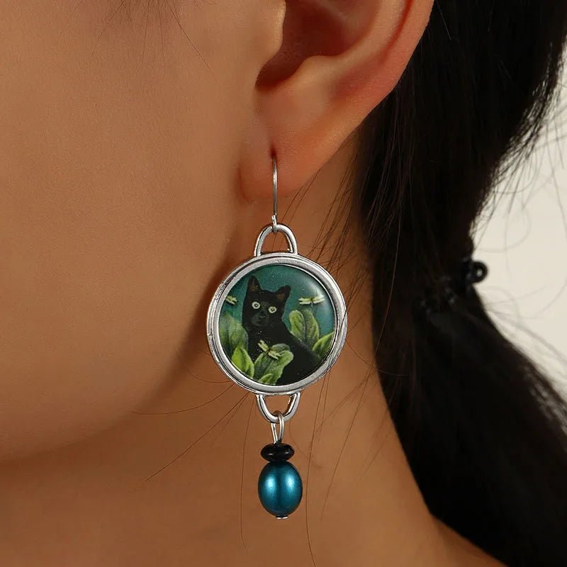 Vintage Tropical Black Cat Dangle Earrings