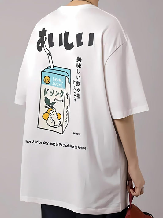 unisex oversized t shirt with big kanji and a pack of big drink with a chilling cat printed on its packaging