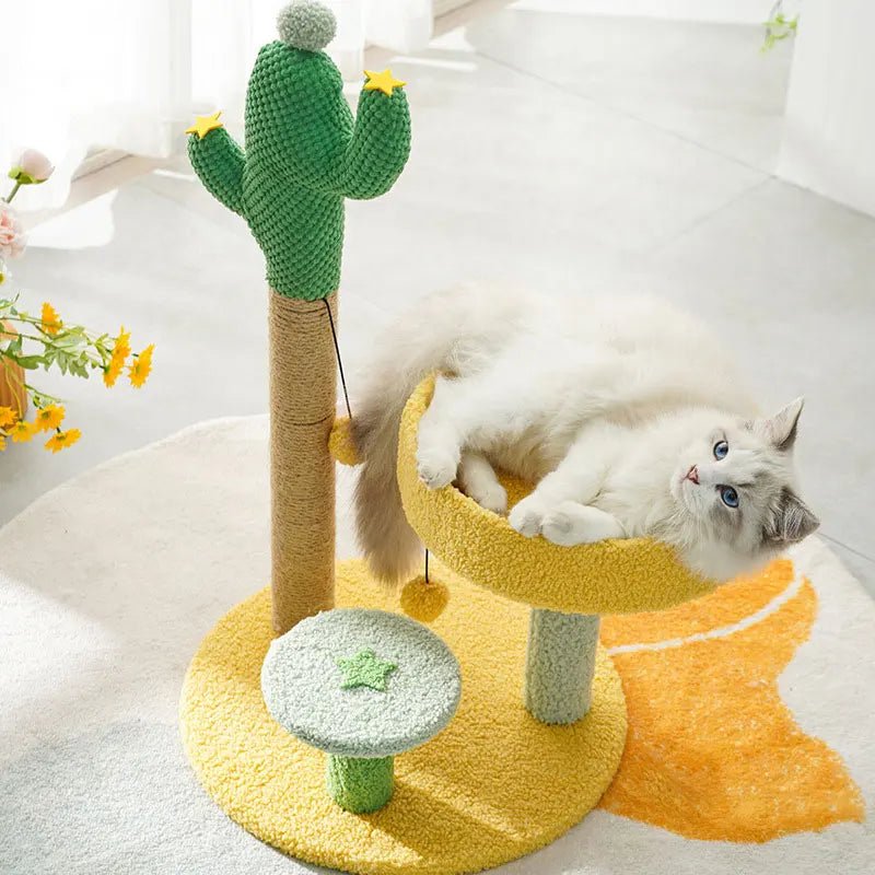 cat laying inside a beautiful cat bed with a cat scratcher cactus beside that looks so adorable
