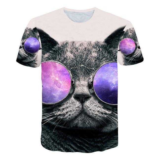 galaxy cat shirt with cute cat wearing glasses design