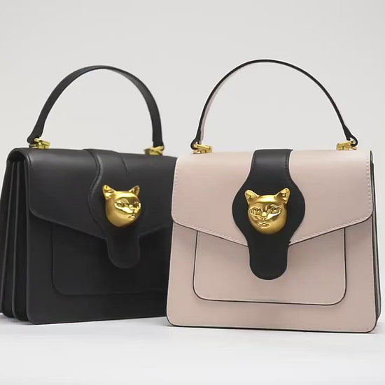 Black and Beige luxury cat design handbag for women premium cat bag genuine leather female cat bag