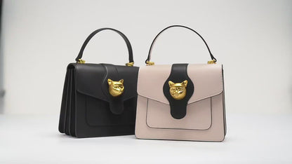 Black and Beige luxury cat design handbag for women premium cat bag genuine leather female cat bag