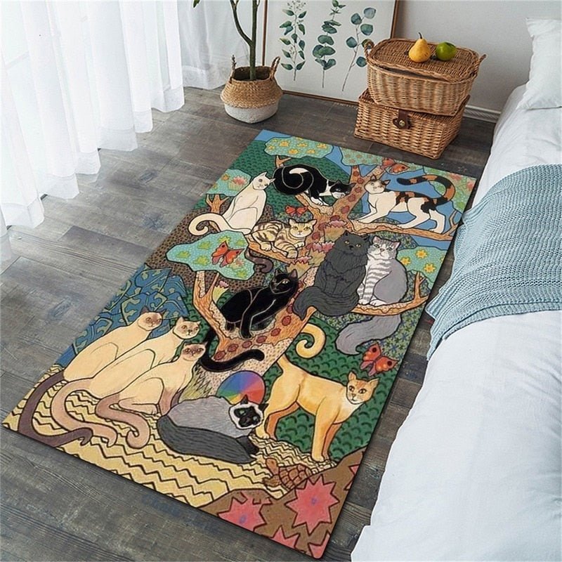 a cat rug printed with many cats on tree