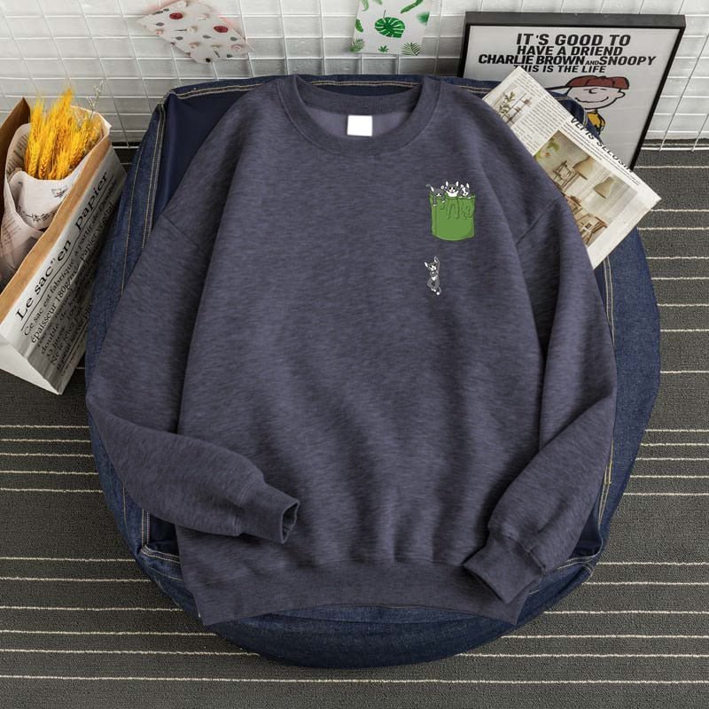 a dark grey cute cat sweatshirts with a printed pocket full of cats made from high quality materials