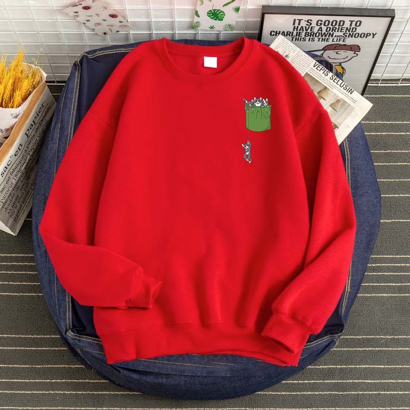 a red cat sweaters for humans with a printed pocket full of cats