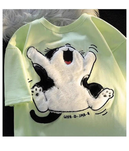 A Jumping Happily Funny Cat T Shirts With Fluffy Material