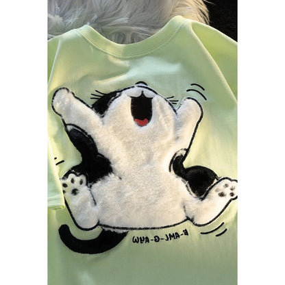 A Jumping Happily Funny Cat T Shirts With Fluffy Material