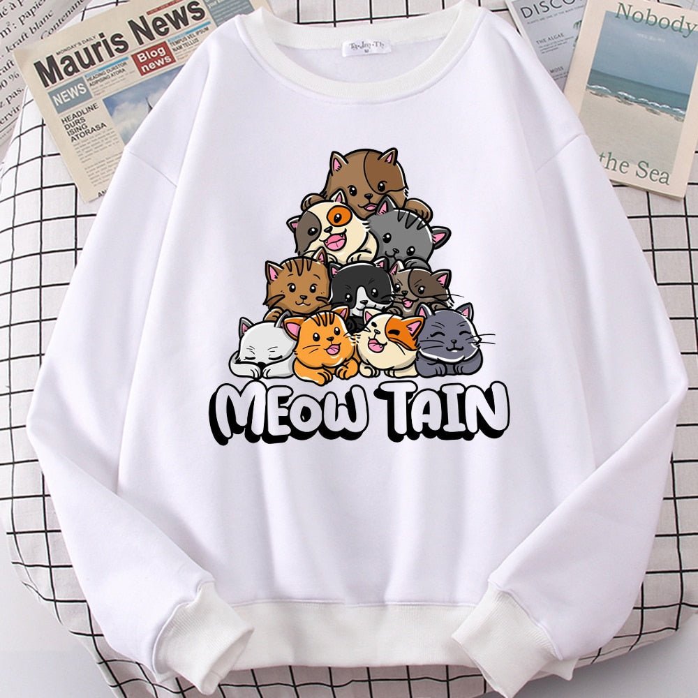 a white color cute cat sweaters with a mountain of cats design