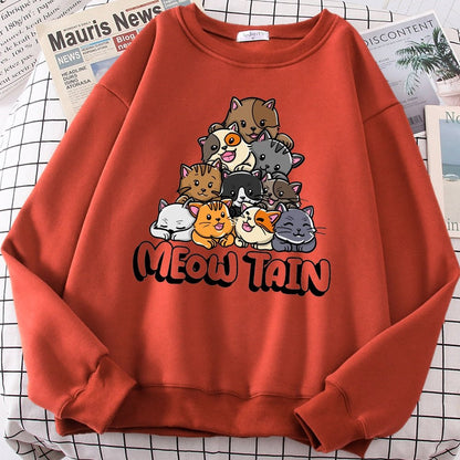 an orange color funny cat sweatshirts with a mountain of cats design