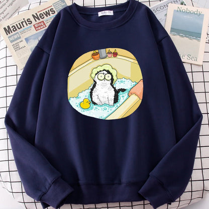 a navy blue color sweatshirts with cats on them taking a bath