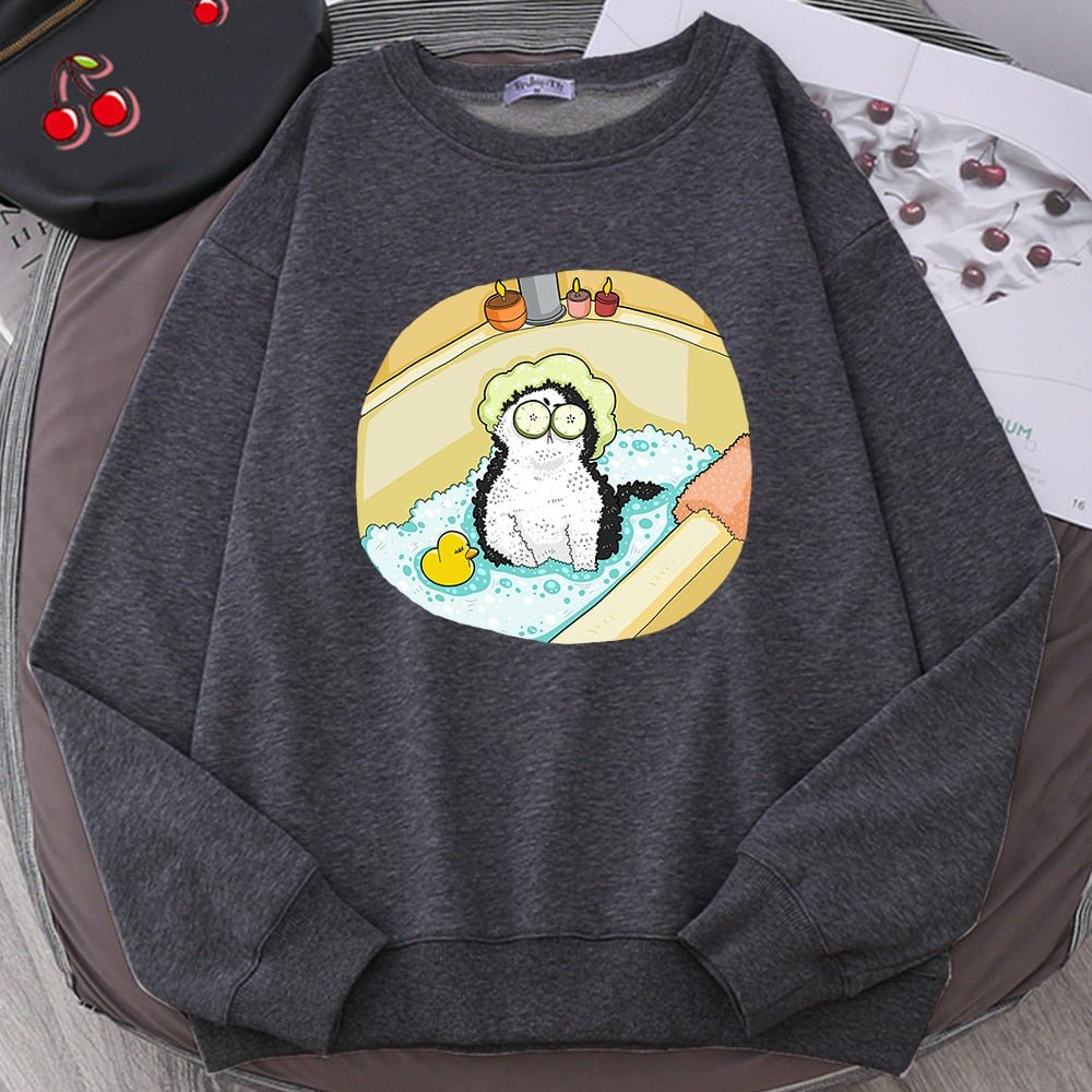 a cat print sweatshirt with a cat taking a bath picture and made from high quality materials
