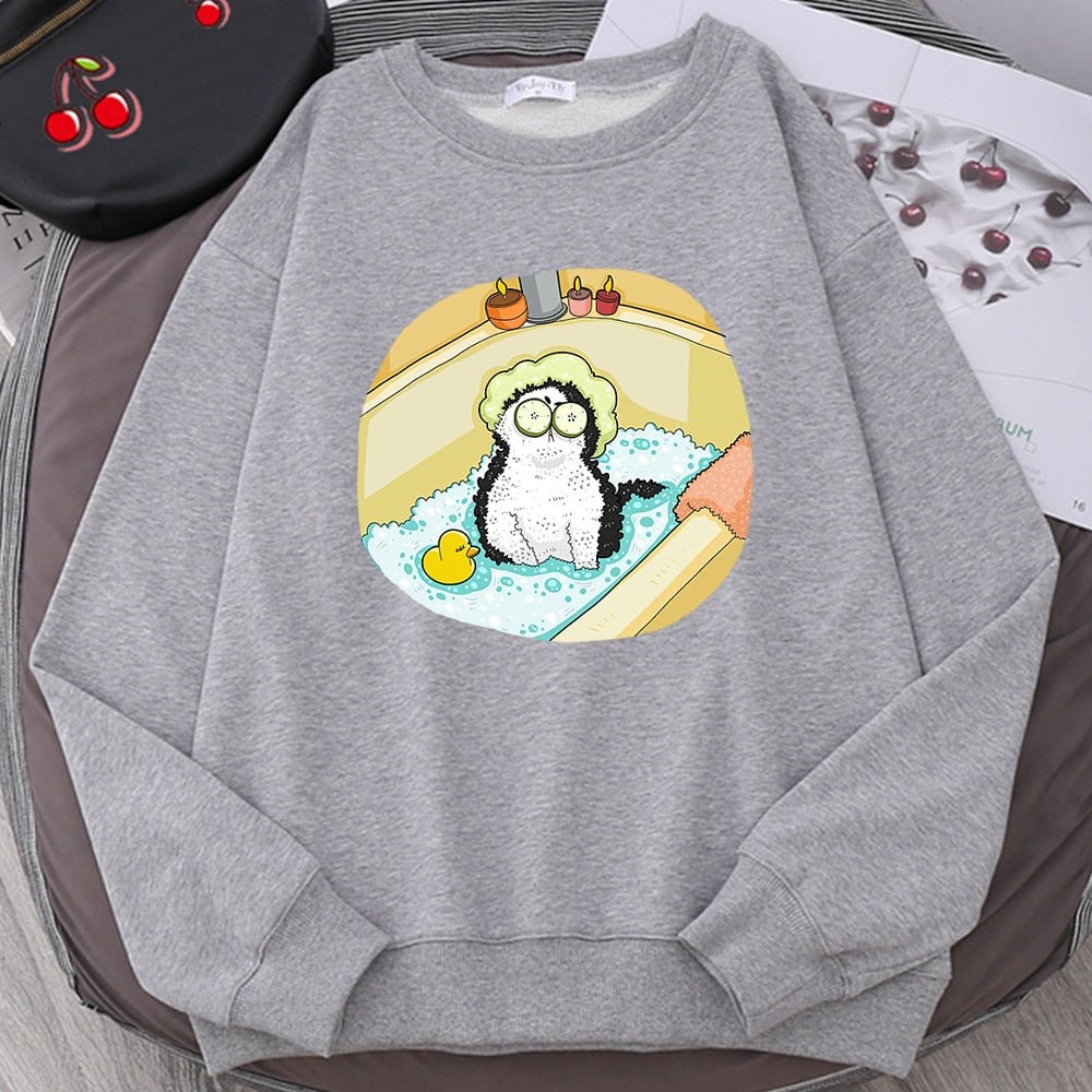 a gray color cat lover sweatshirt with a picture of cat taking a bath
