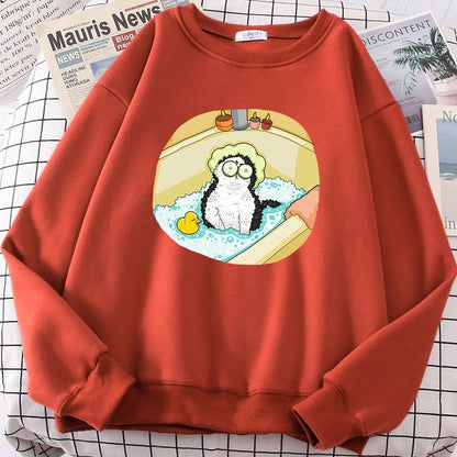 a orange color funny cat sweatshirts with a picture of a cat taking a bath
