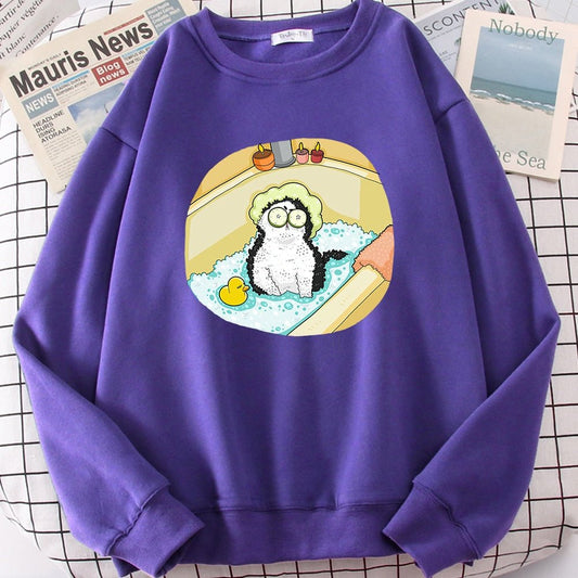 a purple color cute cat sweaters with a picture of a cat taking a bath