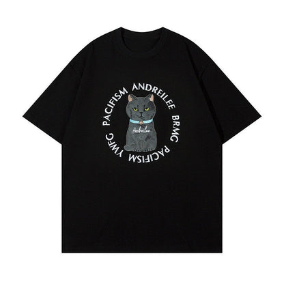 oversized black cat t shirt with a pacifism words and a funny cat design