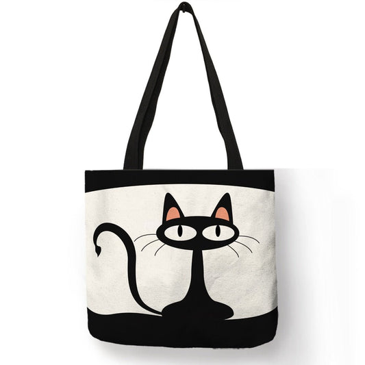 large size foldable black cat tote in durable canvas material