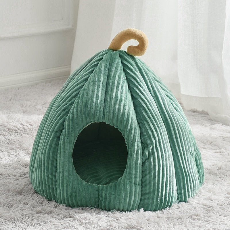 green pumpkin design calming cat bed