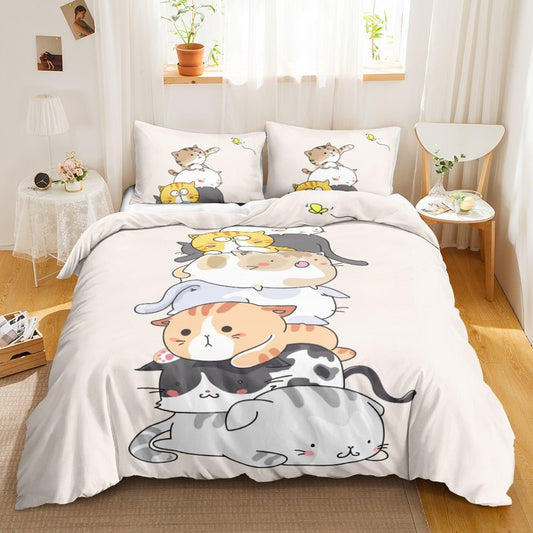 An adorable cat comforter set, feauturing cute cats stack up like a pyramid