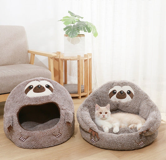 cute sloth design cat cave and cat bed in brown color