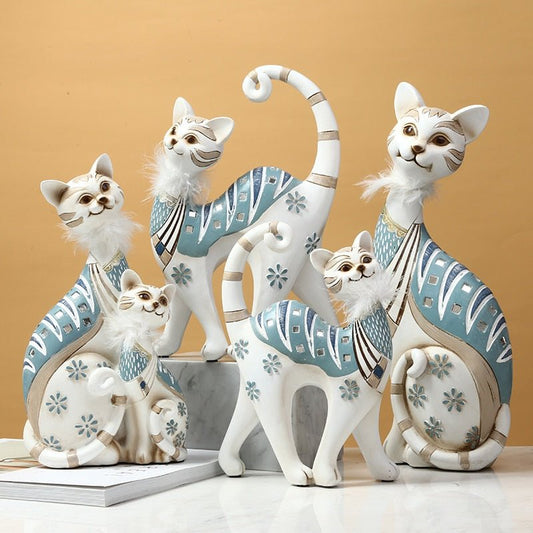 Modern Ancient White Cat Sculptures with turquoise stripes and furry neck accessory