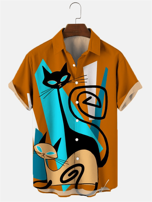 Artistic cat print shirt with black and brown cat
