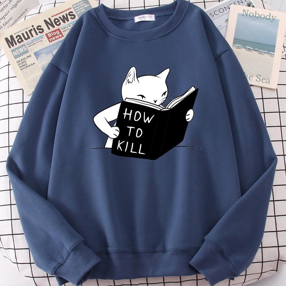a blue color cute cat sweatshirt with a cartoon of a cat learning how to kill