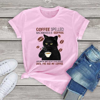 pink cat shirts for women with cute cat sippin a cup of coffee