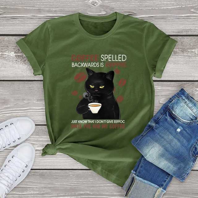 cat shirts for women with coffee cat design in green