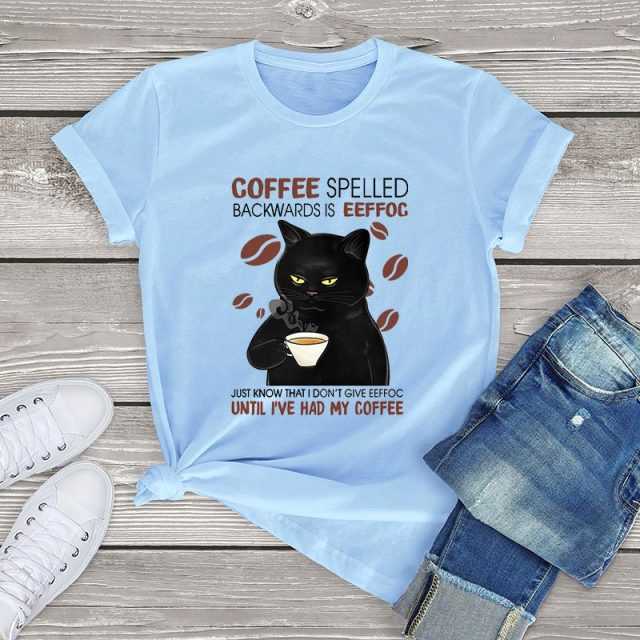 Baby blue colored 'Bad Cat Spells Coffee' T-shirts for women